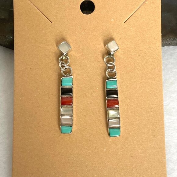 Sterling Silver 925 Multi Gemstone Turquoise Coral MOP Bar Dangle Earrings - Picture 1 of 16